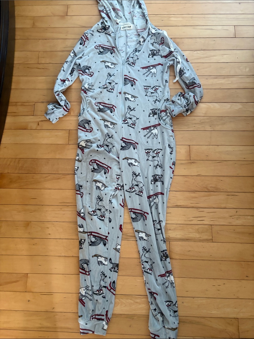 Women's Light Gray Hooded One-Piece Pajama with Holiday Reindeer Print